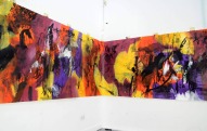 Action painting panoramic 'Purple and Orange', Acrylic on Cartridge paper, 2017